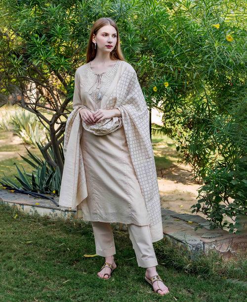 Beige Chanderi Hand Block Printed Dupatta