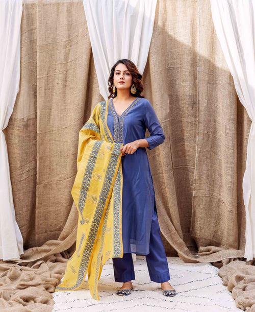 Ochre and Blue Hand Block Printed Dupatta