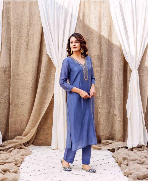 Turvi Steel Blue Chanderi Kurta