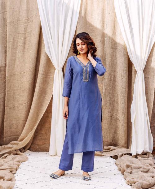 Turvi Steel Blue Chanderi Kurta