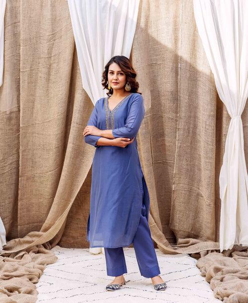 Turvi Steel Blue Chanderi Kurta