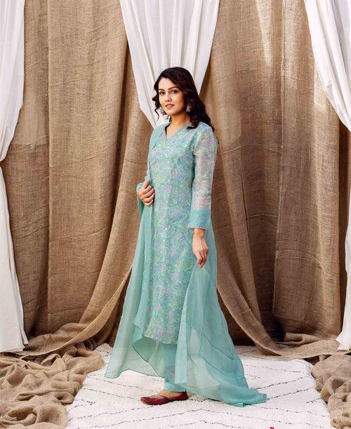 Turquoise Tranquility Organza Kurta