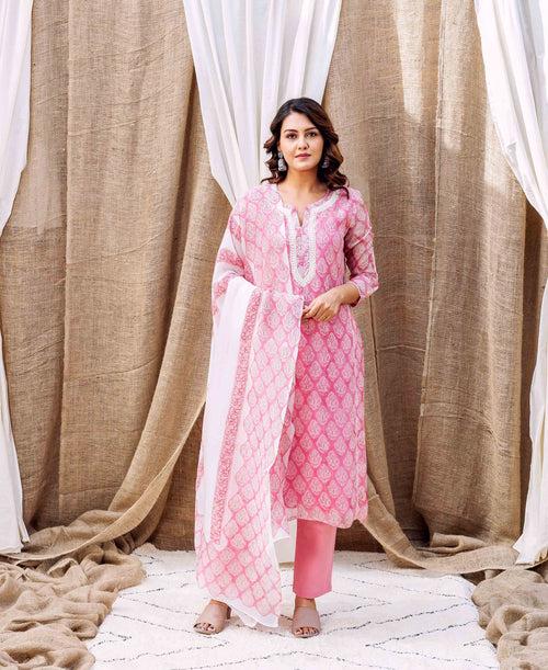 Riya's Blush Pink Printed Organza Kurta