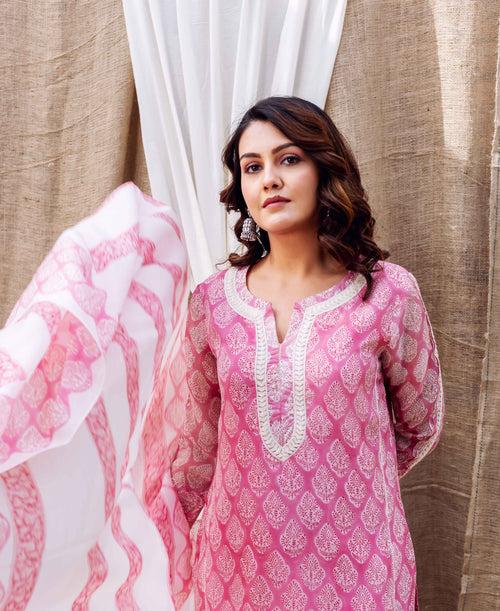 Riya's Blush Pink Printed Organza Kurta