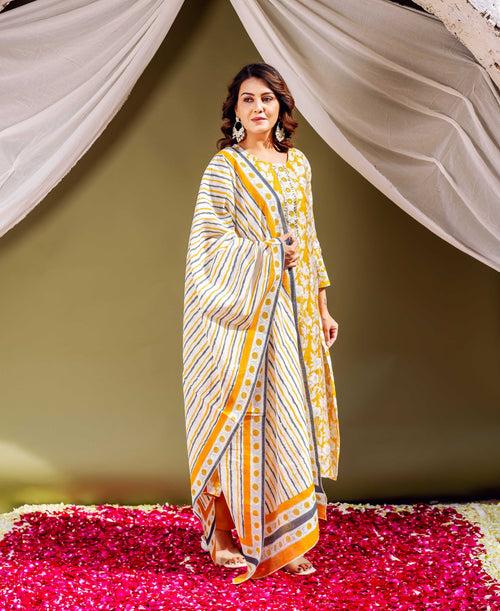 Sunlit Mustard Chanderi Block Printed Kurta