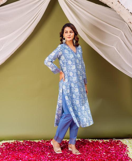 Sky Blossom Chanderi Block Printed Kurta