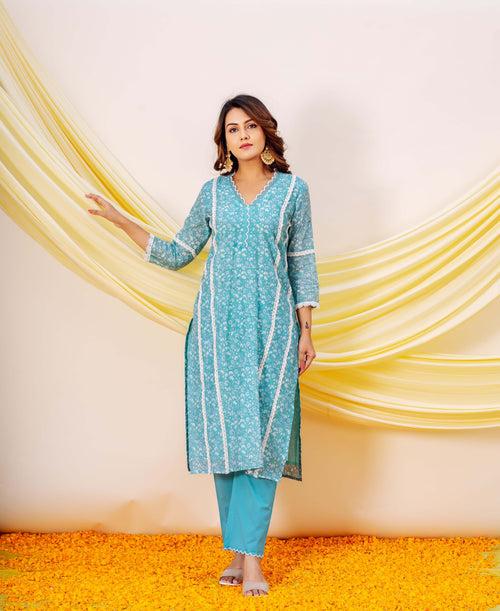 Amara Luxurious Blue Hand Block Printed Chanderi Kurta