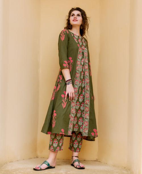 Olive and Red Kurta Set with Detachable Jacket