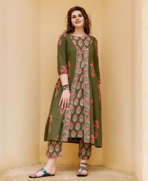 Olive and Red Kurta Set with Detachable Jacket