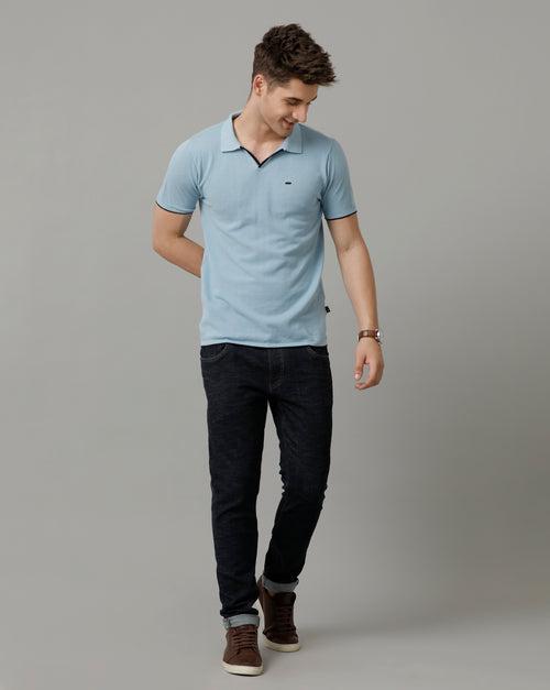 Identiti Powder Blue Half Sleeve Solid Slim Fit Cotton Casual Polo T-Shirt For Men.