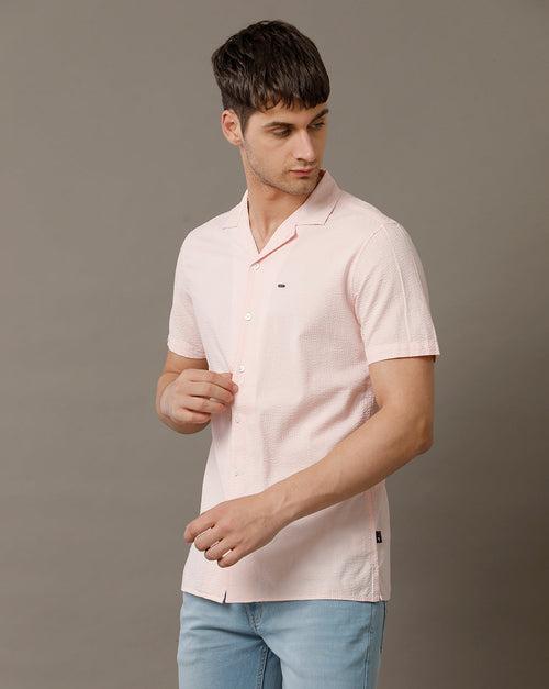 IDENTITI Men Slim Fit Cuban Collar Solid Shirt In Pink.