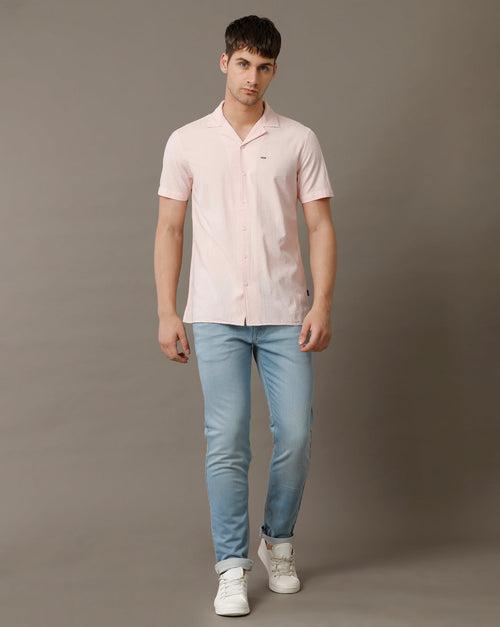 IDENTITI Men Slim Fit Cuban Collar Solid Shirt In Pink.