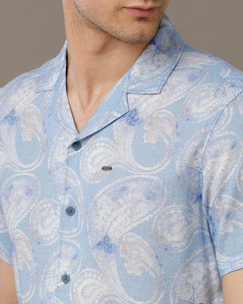 IDENTITI Men Slim Fit Cuban Collar Printed Shirt In Blue.