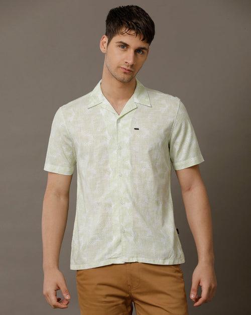 IDENTITI Men Slim Fit Cuban Collar Printed Shirt In Green.