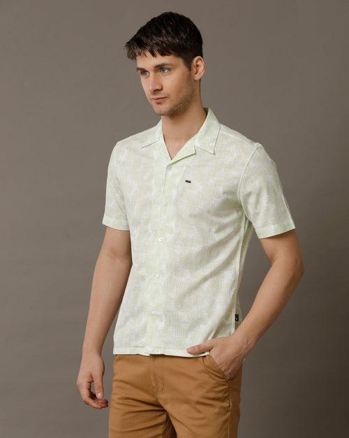 IDENTITI Men Slim Fit Cuban Collar Printed Shirt In Green.