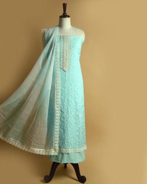 Aquamarine Kota Embroidered Unstitched Suit Fabric Set With Kota Dupatta