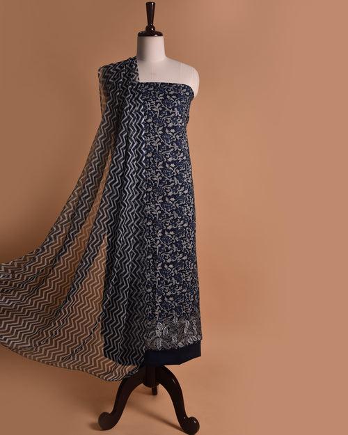Indigo Cotton Glazed Printed With Embroidery Unstitched Suit Fabric Set With Chiffon Dupatta