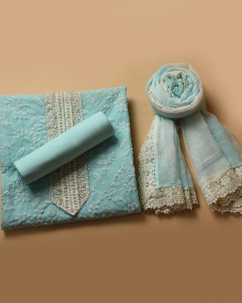 Aquamarine Kota Embroidered Unstitched Suit Fabric Set With Kota Dupatta