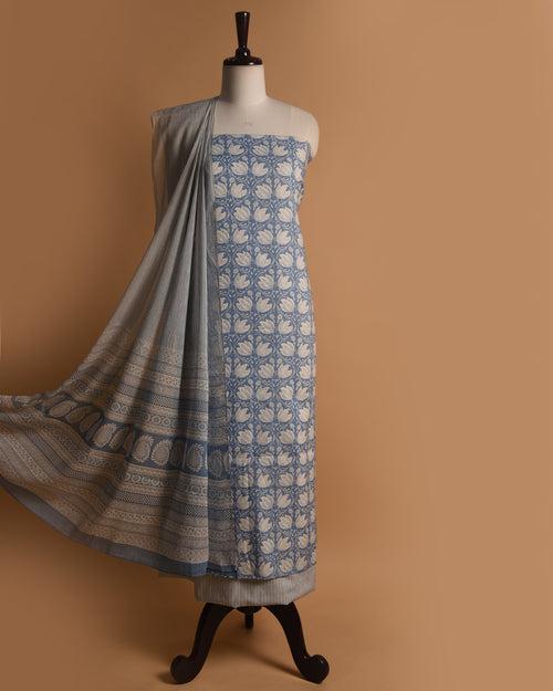 Light Blue Pure Cotton Hand Block Printed Unstitched Suit Fabric Set With Cotton Dupatta