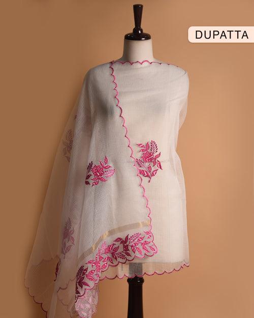 Pink Cotton Pure Printed Unstitched Suit Fabric Set With Kota Doriya Dupatta