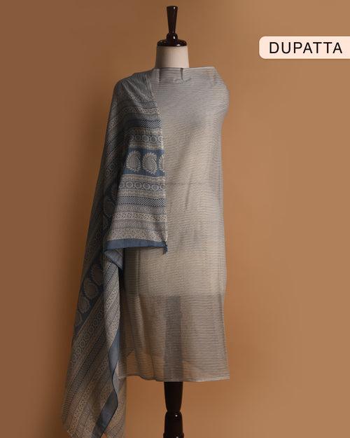 Light Blue Pure Cotton Hand Block Printed Unstitched Suit Fabric Set With Cotton Dupatta