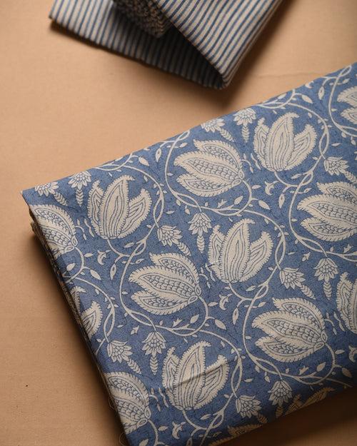 Light Blue Pure Cotton Hand Block Printed Unstitched Suit Fabric Set With Cotton Dupatta