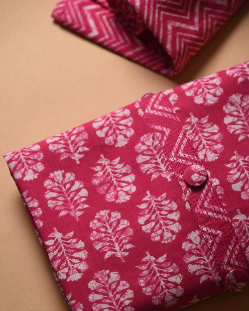 Pink Cotton Pure Printed Unstitched Suit Fabric Set With Kota Doriya Dupatta