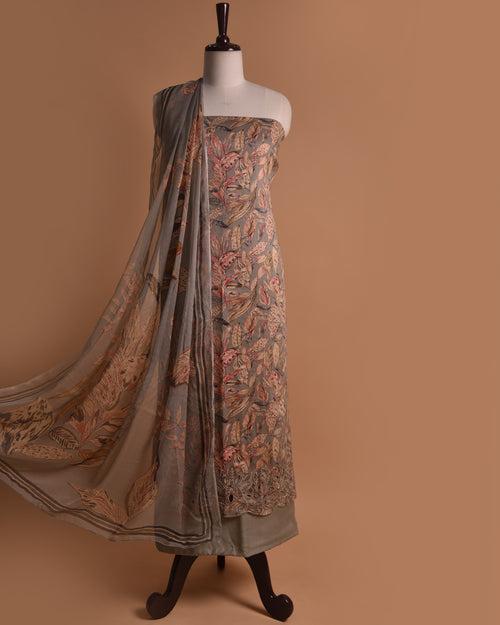 Grey Cotton Glazed Printed With Embroidery Unstitched Suit Fabric Set With Chiffon Dupatta