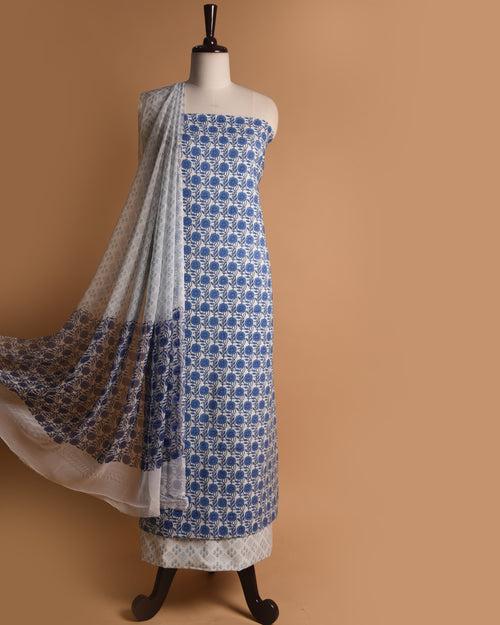 Off White With Blue Pure Cotton Printed Unstitched Suit Fabric Set With Chiffon Dupatta
