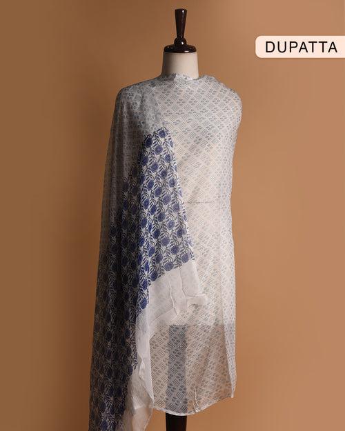 Off White With Blue Pure Cotton Printed Unstitched Suit Fabric Set With Chiffon Dupatta