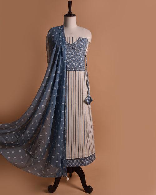 Off White With Blue Pure Cotton Printed Unstitched Suit fabric Set With Cotton Printed Dupatta