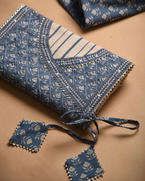 Off White With Blue Pure Cotton Printed Unstitched Suit fabric Set With Cotton Printed Dupatta