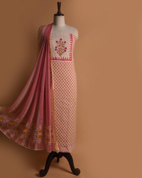 Cream With Pink Pure Cotton Printed With Embroidery Unstitched Suit Fabric Set With Cotton Dupatta