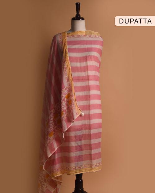 Cream With Pink Pure Cotton Printed With Embroidery Unstitched Suit Fabric Set With Cotton Dupatta