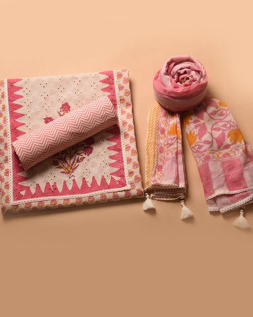 Cream With Pink Pure Cotton Printed With Embroidery Unstitched Suit Fabric Set With Cotton Dupatta
