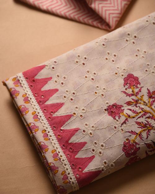 Cream With Pink Pure Cotton Printed With Embroidery Unstitched Suit Fabric Set With Cotton Dupatta