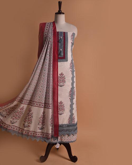 White With Grey Cotton Printed With Embroidery Unstitched Suit Fabric Set With Cotton Printed Dupatta