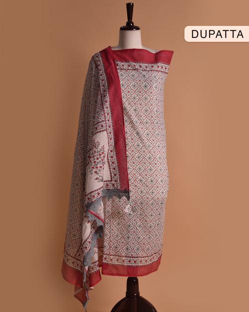 White With Grey Cotton Printed With Embroidery Unstitched Suit Fabric Set With Cotton Printed Dupatta