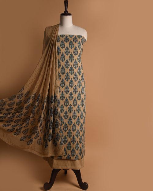 Beige With Blue Lizy Bizy Printed Unstitched Suit Fabric Set With Chiffon Dupatta