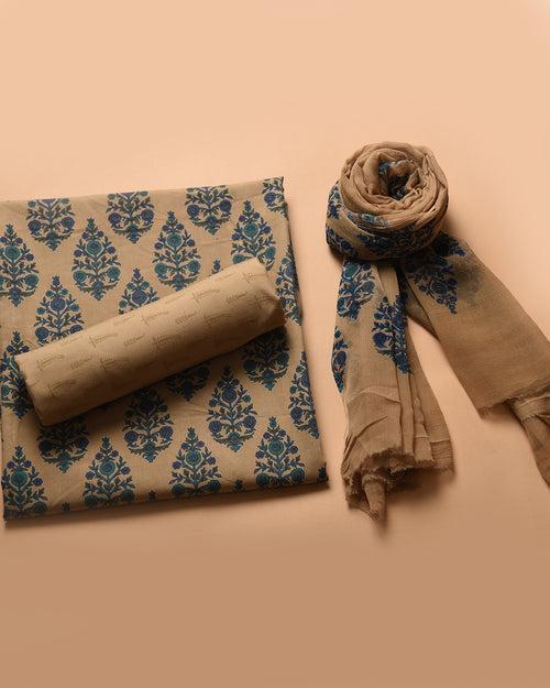 Beige With Blue Lizy Bizy Printed Unstitched Suit Fabric Set With Chiffon Dupatta
