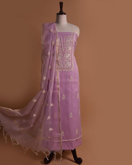 Mauve Kota Embroidered Unstitched Suit Fabric Set With Kota Dupatta