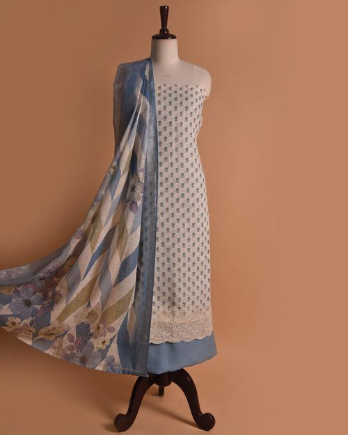 Cream With Blue Cotton Linen Printed With Embroidery Unstitched Suit Fabric Set With Linen Digital Printed Dupatta