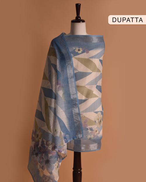 Cream With Blue Cotton Linen Printed With Embroidery Unstitched Suit Fabric Set With Linen Digital Printed Dupatta