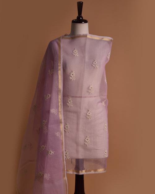 Mauve Kota Embroidered Unstitched Suit Fabric Set With Kota Dupatta