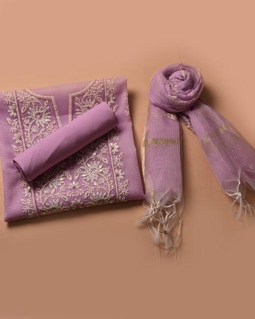 Mauve Kota Embroidered Unstitched Suit Fabric Set With Kota Dupatta