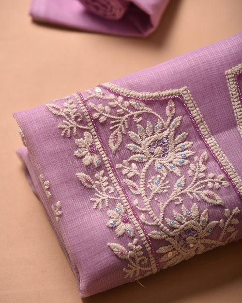 Mauve Kota Embroidered Unstitched Suit Fabric Set With Kota Dupatta