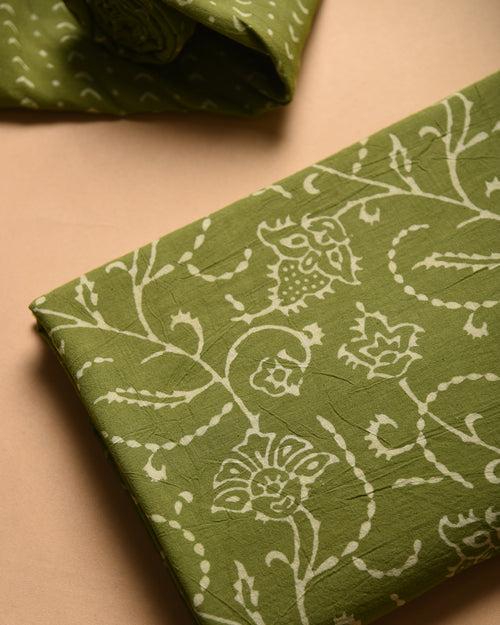 Green Pure Cotton Hand Block Printed Unstitched Suit Fabric Set With Kota Doriya Dupatta