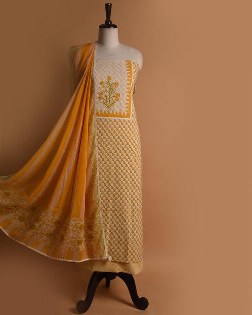 Cream With Yellow Pure Cotton Printed With Embroidery Unstitched Suit Fabric Set With Cotton Dupatta
