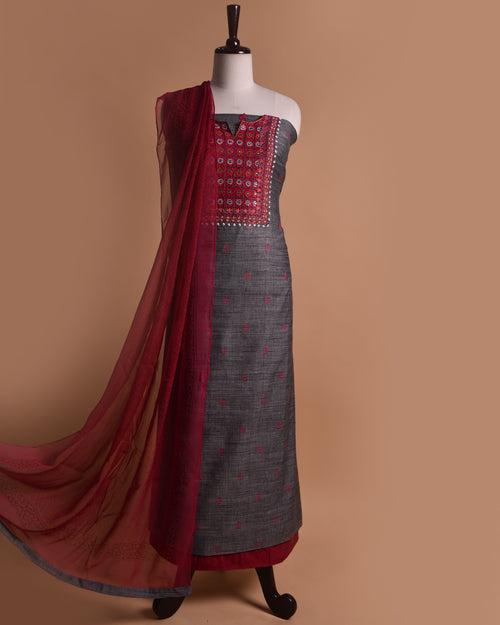 Grey With Pink Handloom Cottom Embroidered Unstitched Suit Fabric Set With Chiffon Dupatta