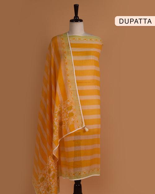 Cream With Yellow Pure Cotton Printed With Embroidery Unstitched Suit Fabric Set With Cotton Dupatta